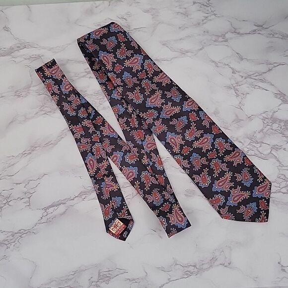 Shemoy Premium Silk Necktie 70s Vintage Gray with blue and red paisley tie - Picture 3 of 8